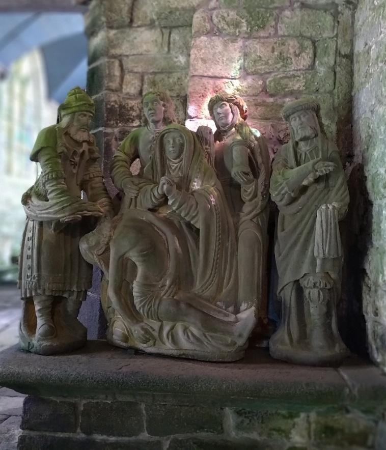 Statue of Jesus and his cross, Chapelle Notre Dame de Bonne Nouvelle, Locronan, Finistere