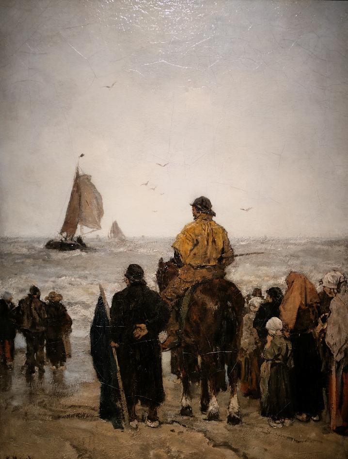 H R Masdag of the late 19th Century Hague school captures the simplicity, roughness and dignity of Dutch fishermen as they await the return of their fishing fleet.